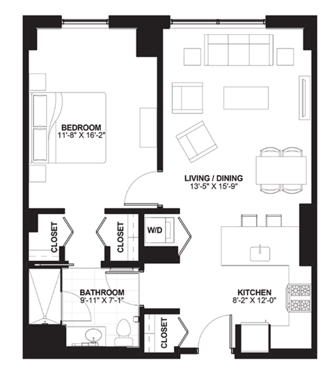 Floor plan for 1 bed, 1 bath, 795 sqft